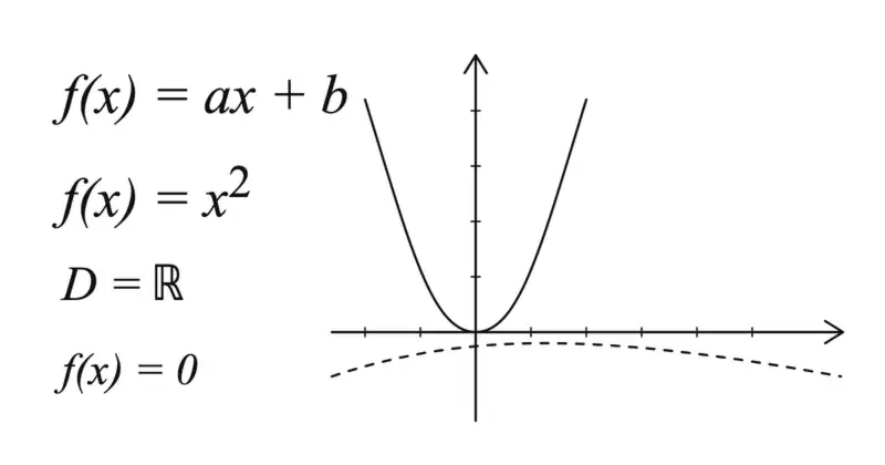 Zapisy f(x) = ax + b i f(x) = x², dziedzina D = ℝ oraz parabola w układzie osi