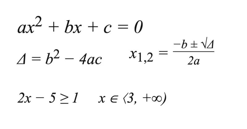 Równanie kwadratowe ax² + bx + c = 0, wyróżnik Δ = b² − 4ac i wzór na pierwiastki