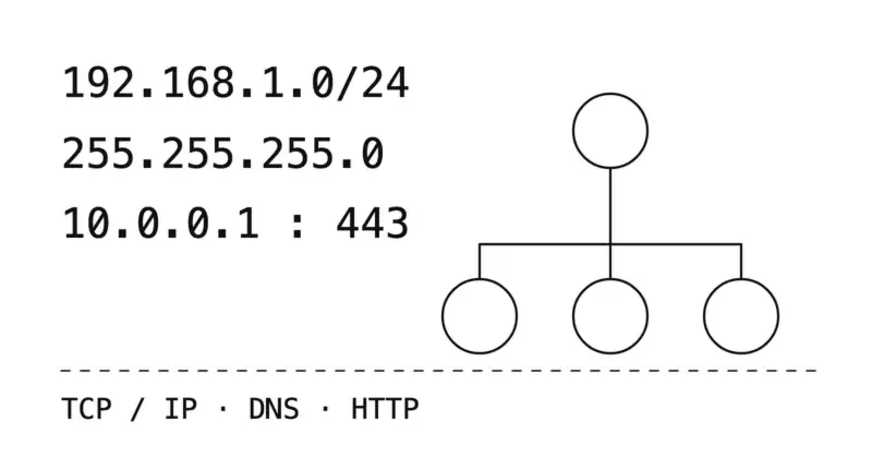 Adres 192.168.1.0/24 z maską, port 443, schemat topologii gwiazdy i protokoły TCP/IP, DNS, HTTP