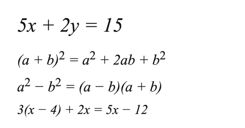 Zapis równania 5x + 2y = 15 oraz wzorów skróconego mnożenia